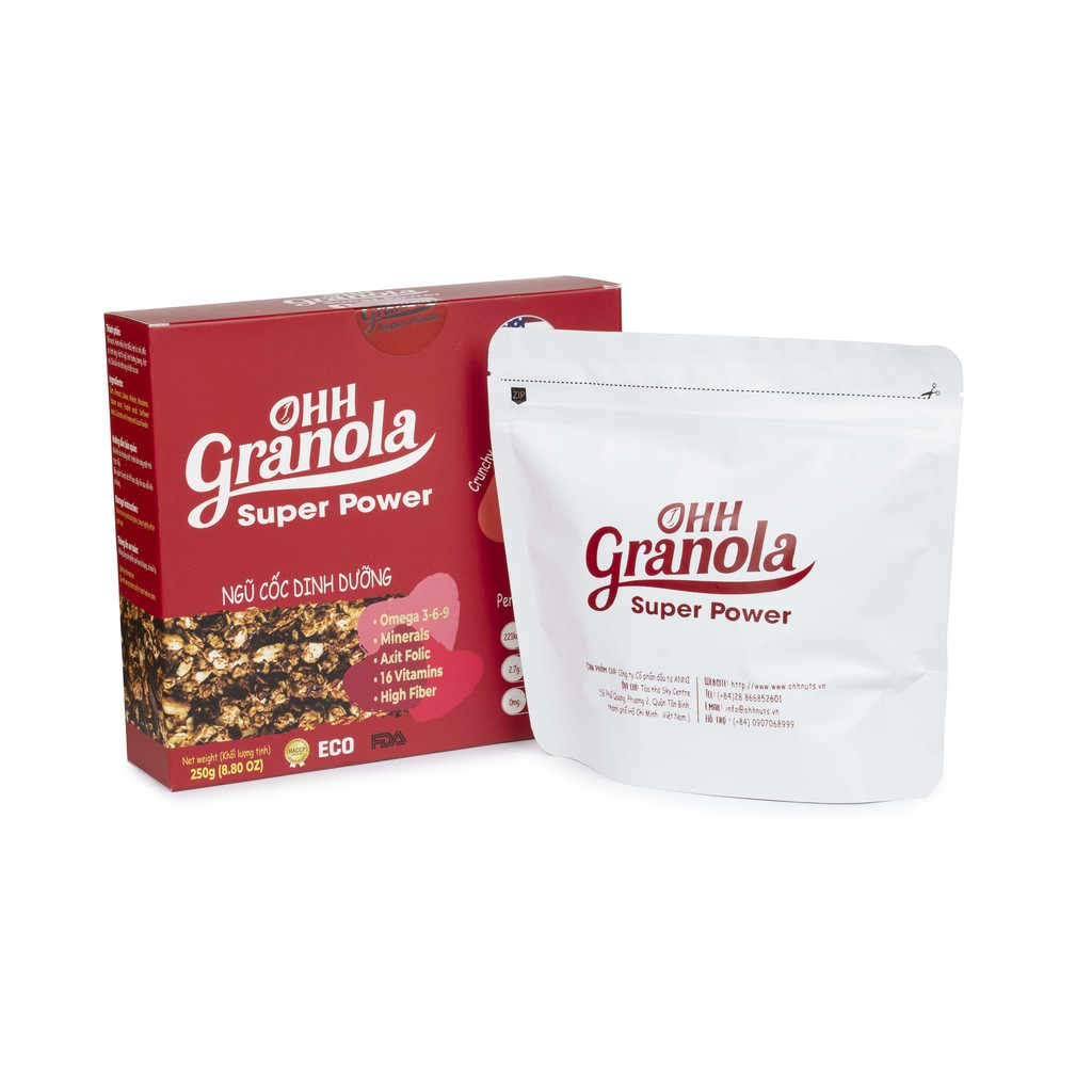 Giảm Cân Ngũ Cốc Tăng Cơ Giàu Năng Lượng  Chocolate Đen - Super Power (Ohh - Granola) Tiêu Chuẩn FDA Hoa Kỳ, Hộp 250g