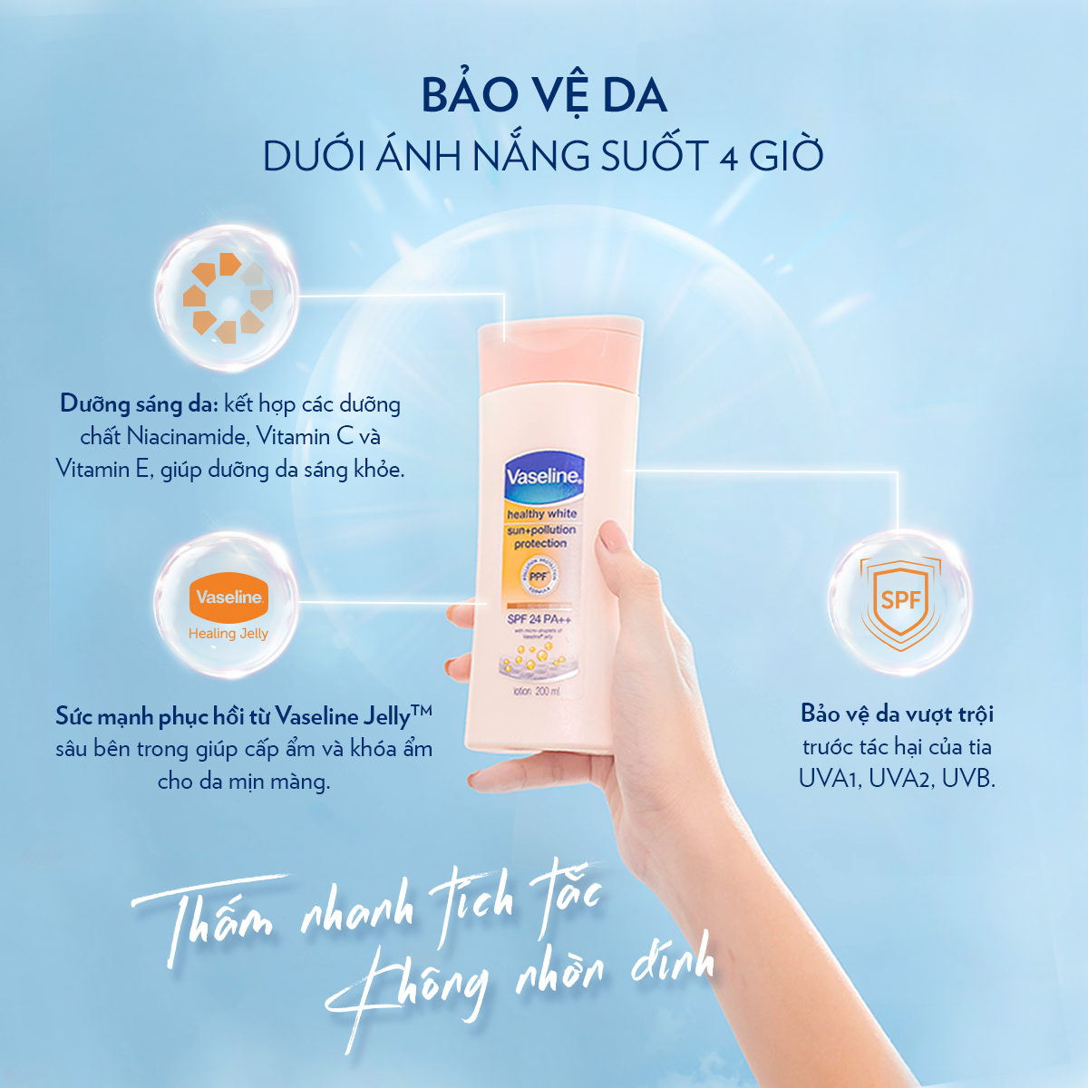 Sữa Dưỡng Thể 200Ml Vaseline Dưỡng Ẩm Sáng Da Chống Nắng Spf24Pa++ Sun + Pollution Protection Bảo Vệ Da Tới 4H Với Spf 24 Pa++