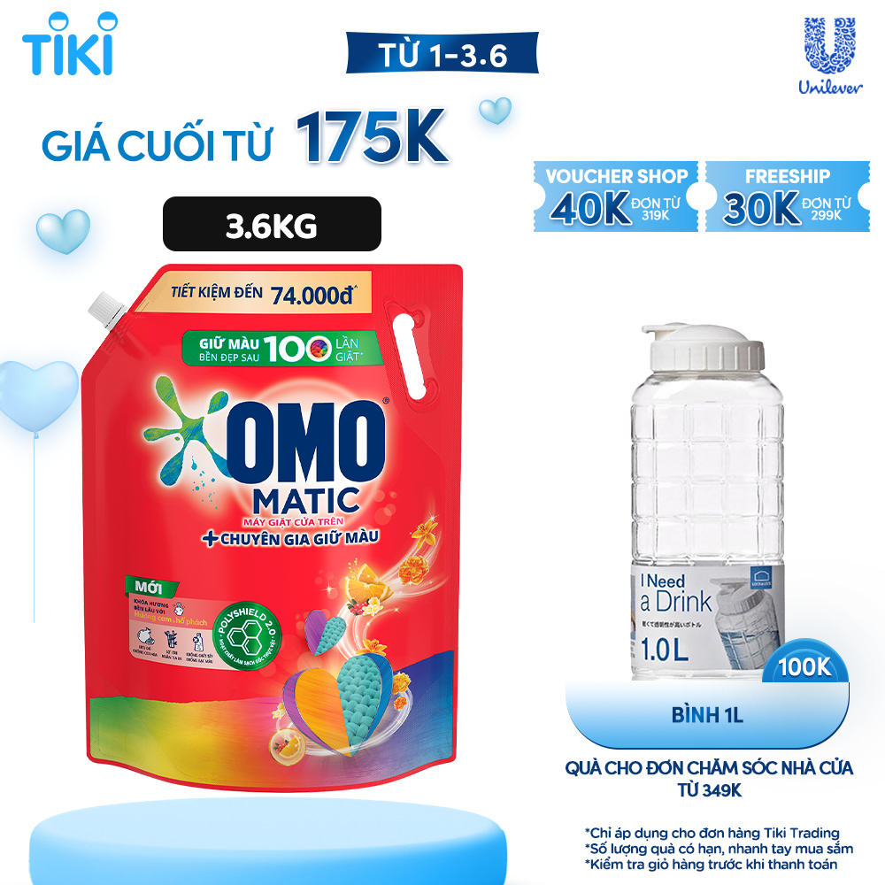 Túi Nước giặt OMO Matic Hương Cam &amp; Hổ phách Chuyên gia giữ màu Cho máy giặt cửa trên 3.6kg