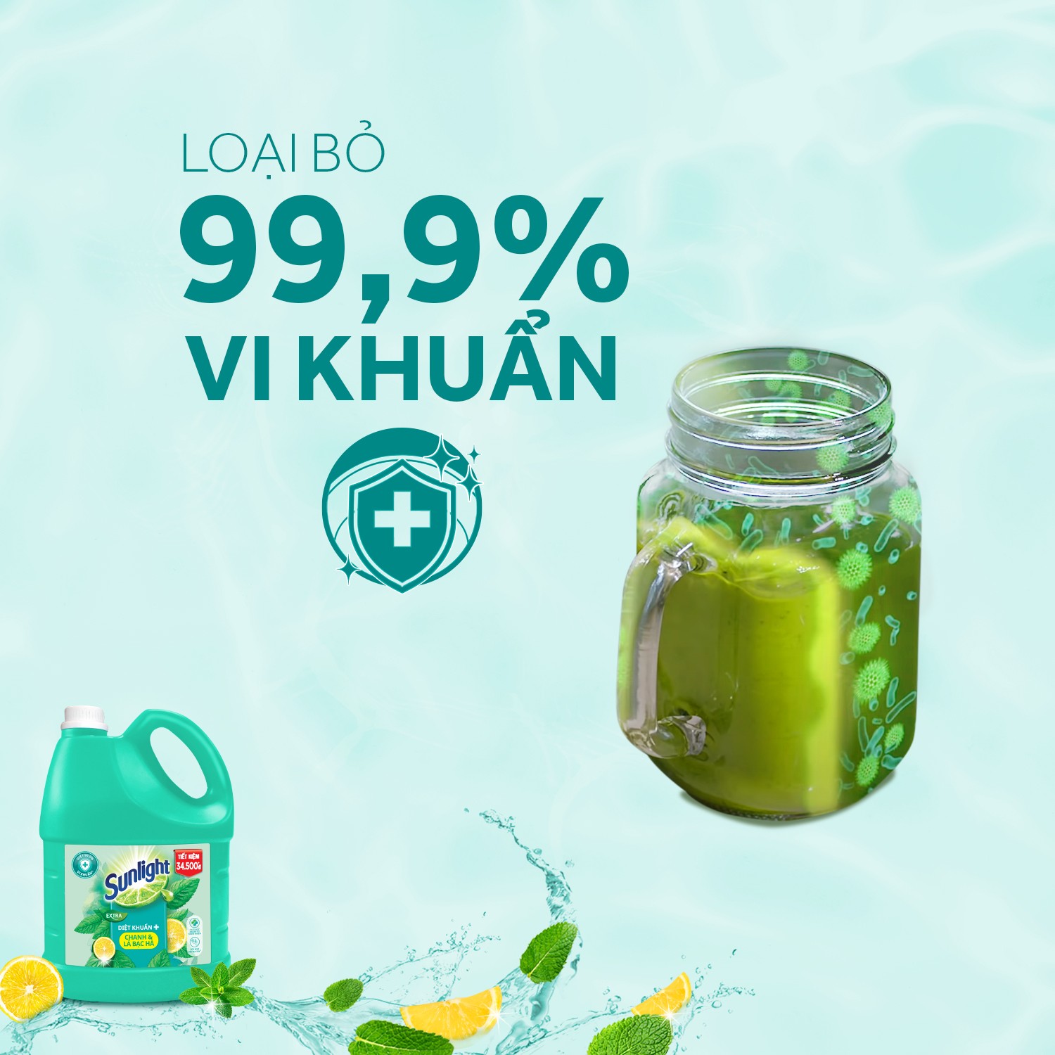 Nước Rửa Chén Bát Sunlight Diệt Khuẩn Chiết xuất Chanh và Lá Bạc Hà 3.6kg