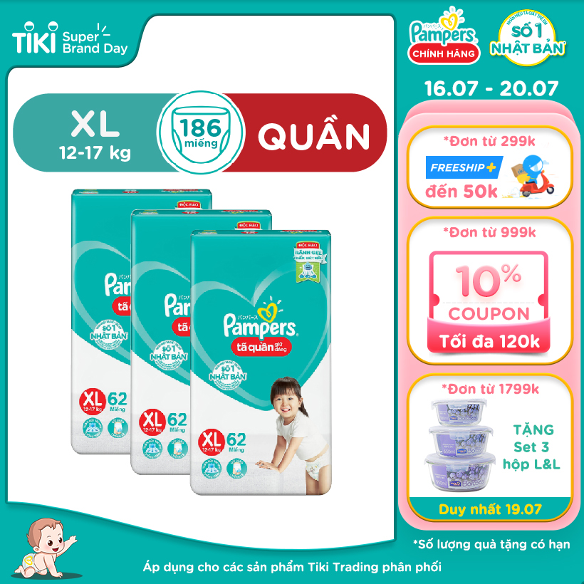 Combo 3 Tã Quần Pampers Giữ Dáng Mới Gói Cực Đại M74/L68/XL62/XXL56 - XL186