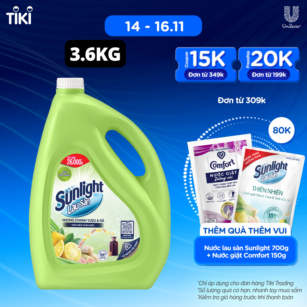 Nước Lau Sàn Sunlight Tinh Dầu Thảo Mộc Hương Hương Chanh Yuzu &amp; Sả 3.6 Kg - Sạch Thơm Thư Thái - Nhà Thêm Trong Lành