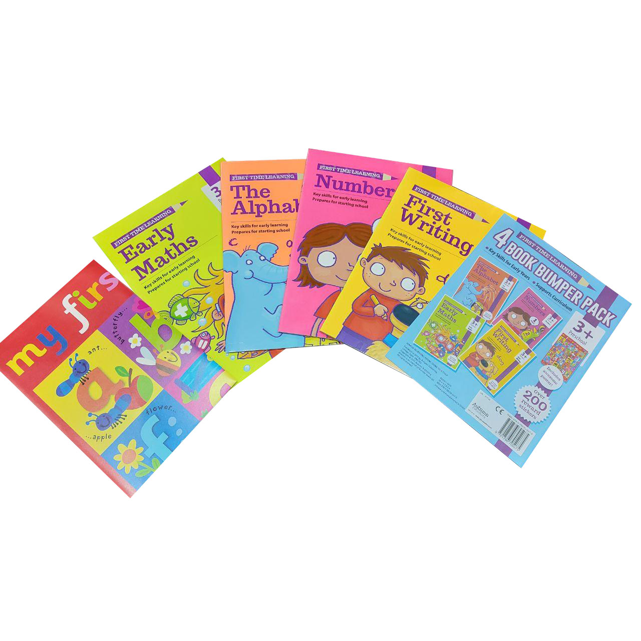 First Time Learning - 4 Book Bumper Pack  : The Alphabet , Early Maths , Numbers and First Writing (Ages 3+) (Includes Awesome Poster)