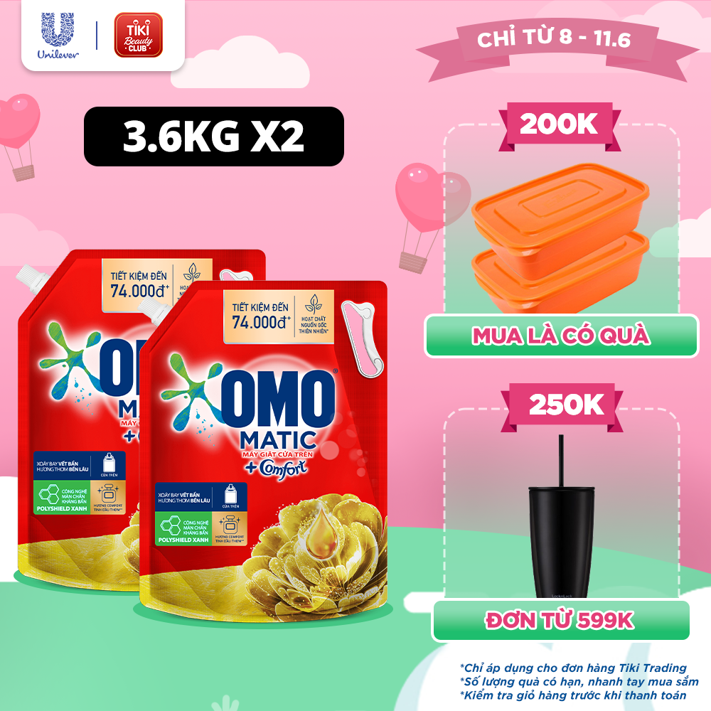 Combo 2 Túi Nước Giặt Omo Matic Máy Giặt Cửa Trên Hương Comfort Tinh Dầu Thơm Xoáy Bay Vết Bẩn Thơm Bền Lâu 4.1kg