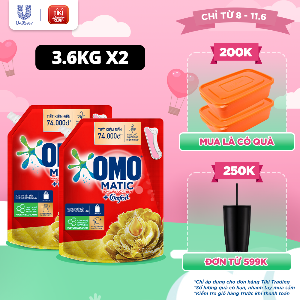 Combo 2 Túi Nước Giặt Omo Matic Máy Giặt Cửa Trên Hương Comfort Tinh Dầu Thơm Xoáy Bay Vết Bẩn Thơm Bền Lâu 3.6Kg