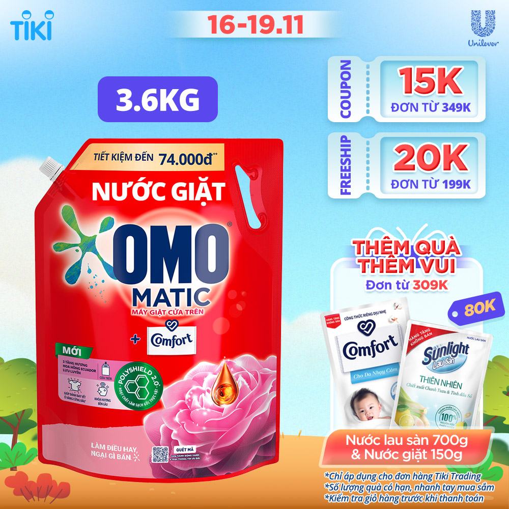 Túi Nước giặt OMO Matic Comfort Hương Hoa Hồng Ecuador cho máy giặt cửa trên 3.6kg