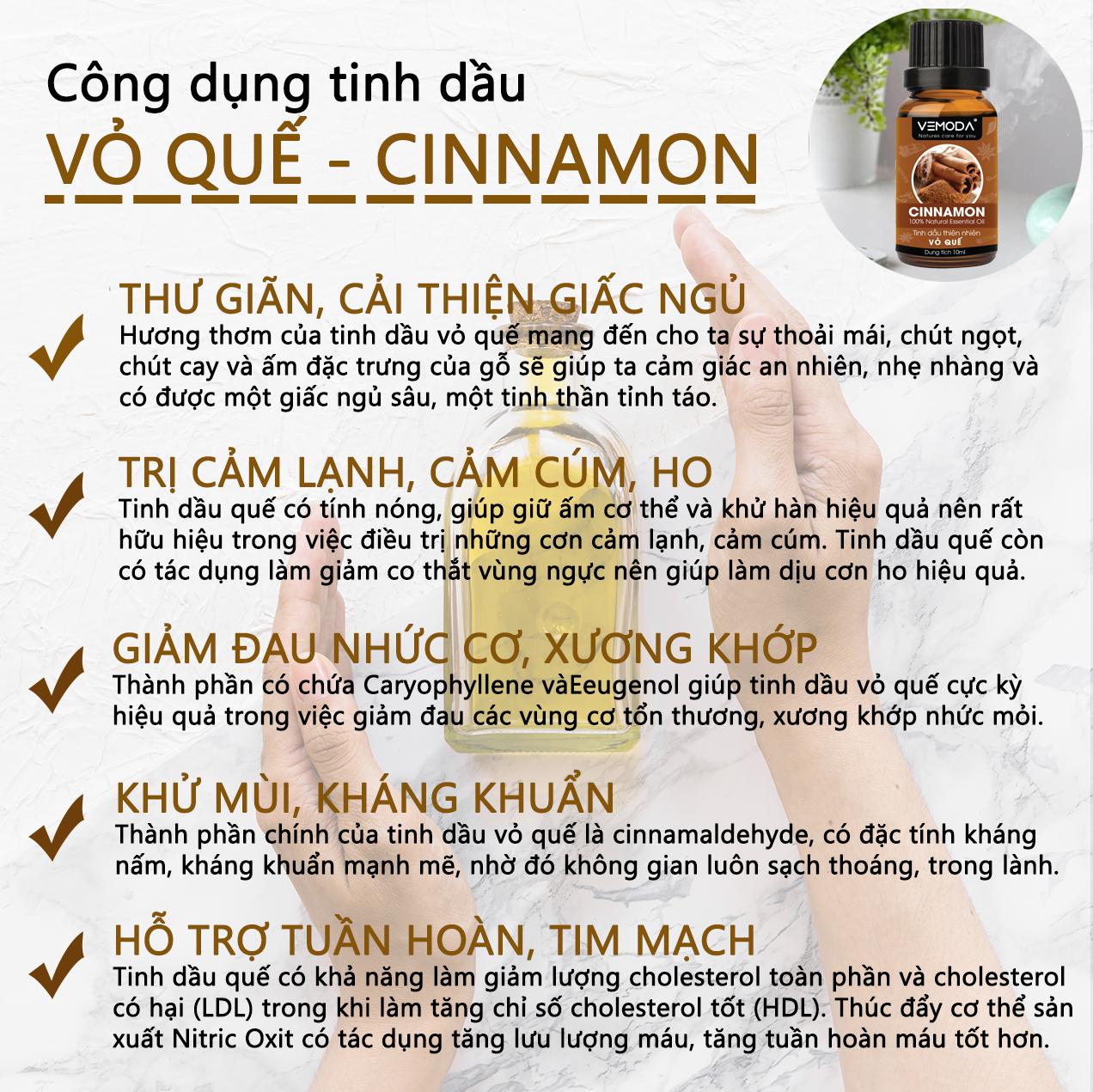 Tinh dầu Xông phòng cao cấp gồm Combo 3 lọ tinh dầu nguyên chất: tinh dầu Cam tươi (10ml) + tinh dầu Vỏ quế (10ml) + tinh dầu Bạc hà (10ml) Vemoda