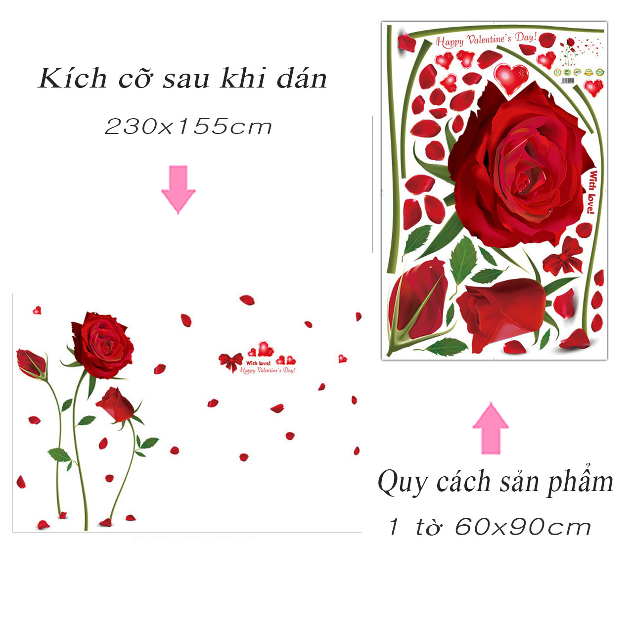 Decal dán tường trang trí phòng khách, phòng cưới-Hoa hồng đỏ 3 bông-mã sp XL8178