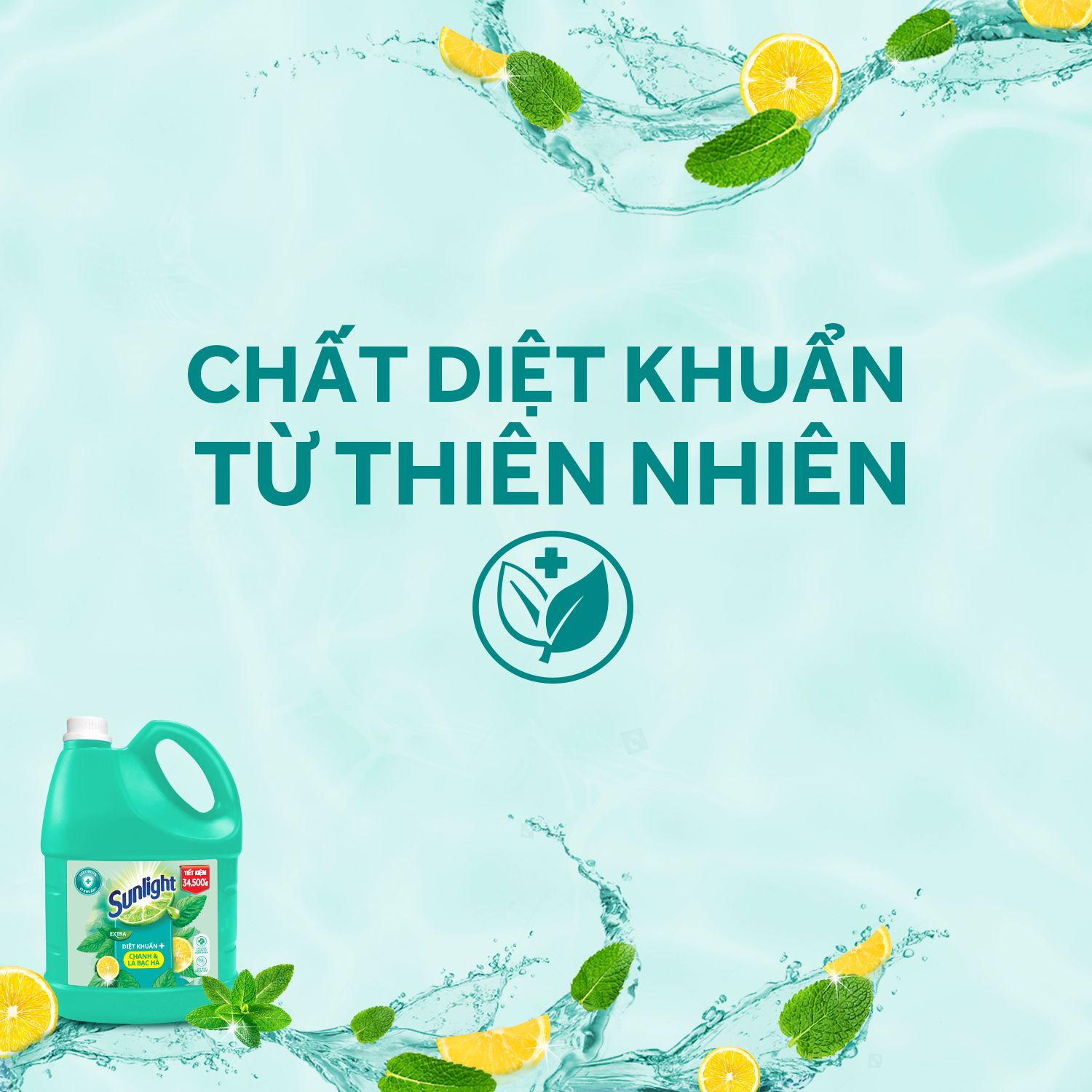 Nước Rửa Chén Bát Sunlight Diệt Khuẩn Chiết xuất Chanh và Lá Bạc Hà 3.6kg