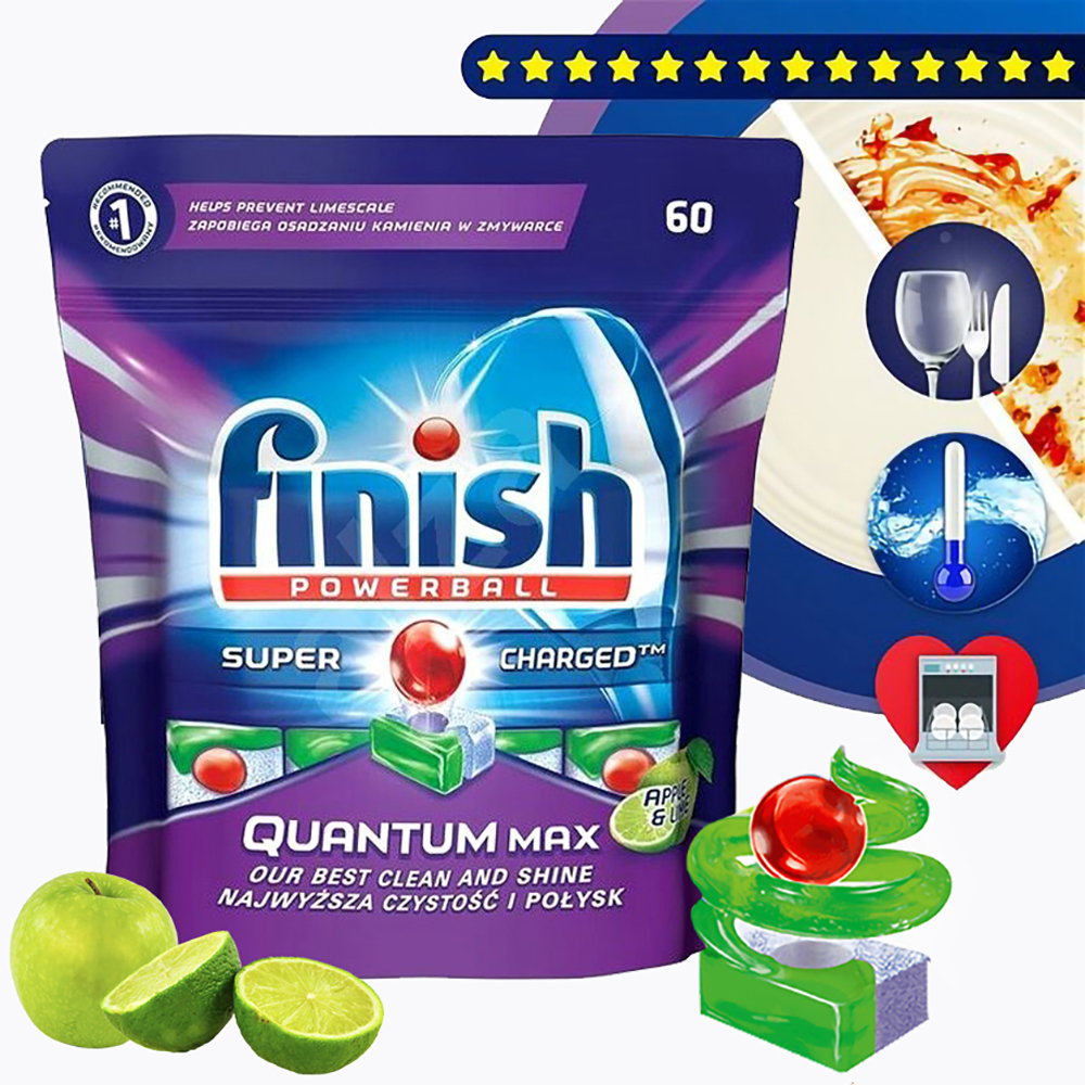 Túi 60 viên rửa chén Finish Quantum Max Dishwasher Tablets Apple&amp;Lime QT025461 - hương chanh, táo