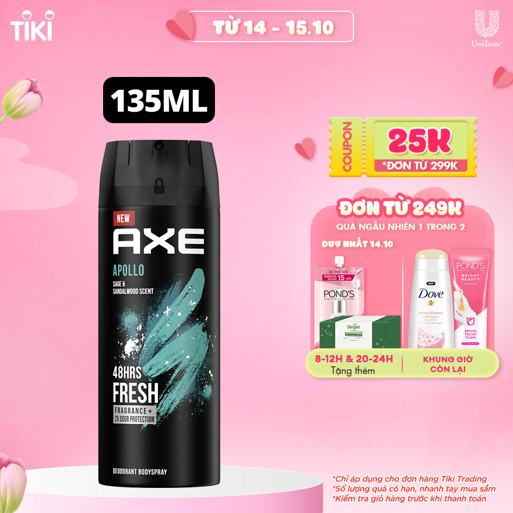 Xịt nước hoa toàn thân Axe Apollo Khử mùi cho nam Hương thơm hoang dại nồng nàn từ thảo mộc &amp; đàn hương 135ml