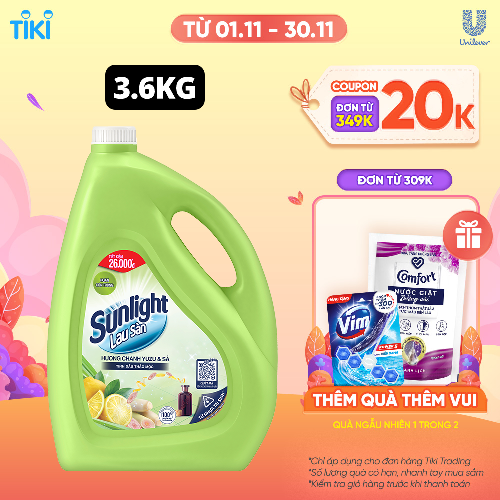 Nước Lau Sàn Sunlight Tinh Dầu Thảo Mộc Hương Hương Chanh Yuzu &amp; Sả 3.6 Kg - Sạch Thơm Thư Thái - Nhà Thêm Trong Lành