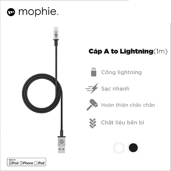 Dây Cáp Sạc Lightning Chuẩn MFi Cho iPhone Mophie 1m - Hàng Chính Hãng