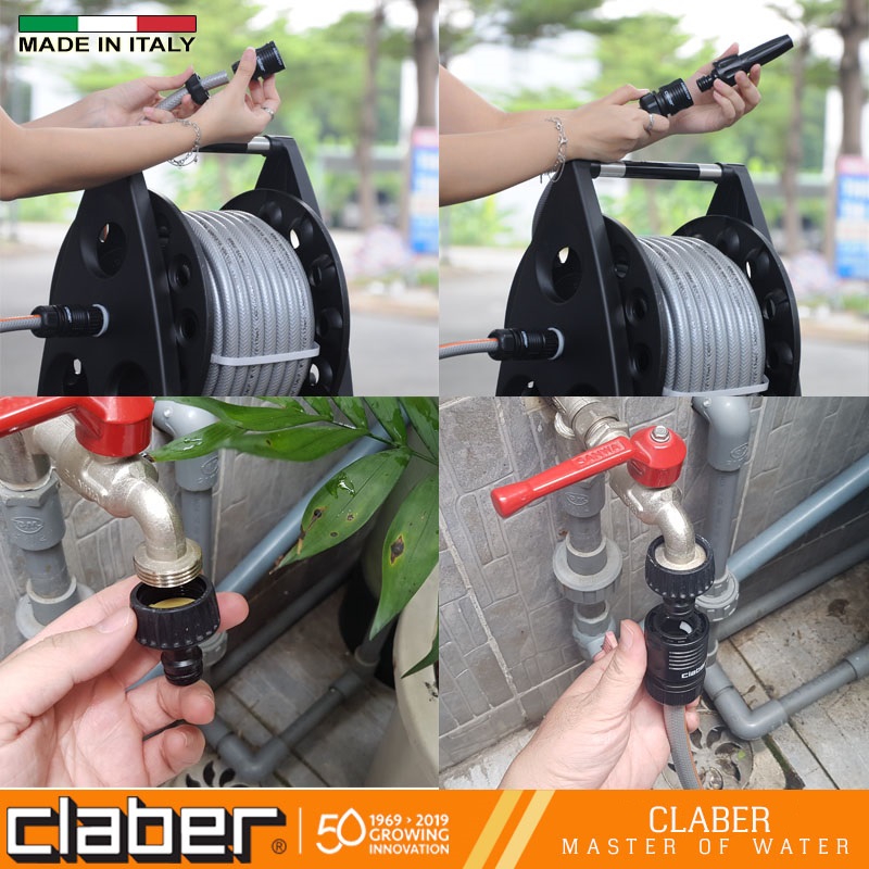 Bộ Cuộn Ống Tưới Cây Claber Kiros Kit 8945 loại 20 mét, vòi tưới 2 chế độ, 4 khớp nối nhanh, 1 khớp nối vòi