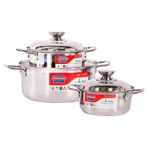 Bộ 3 Nồi Inox 1 Đáy Sunhouse SH224 Dùng Mọi Bếp - Chính Hãng