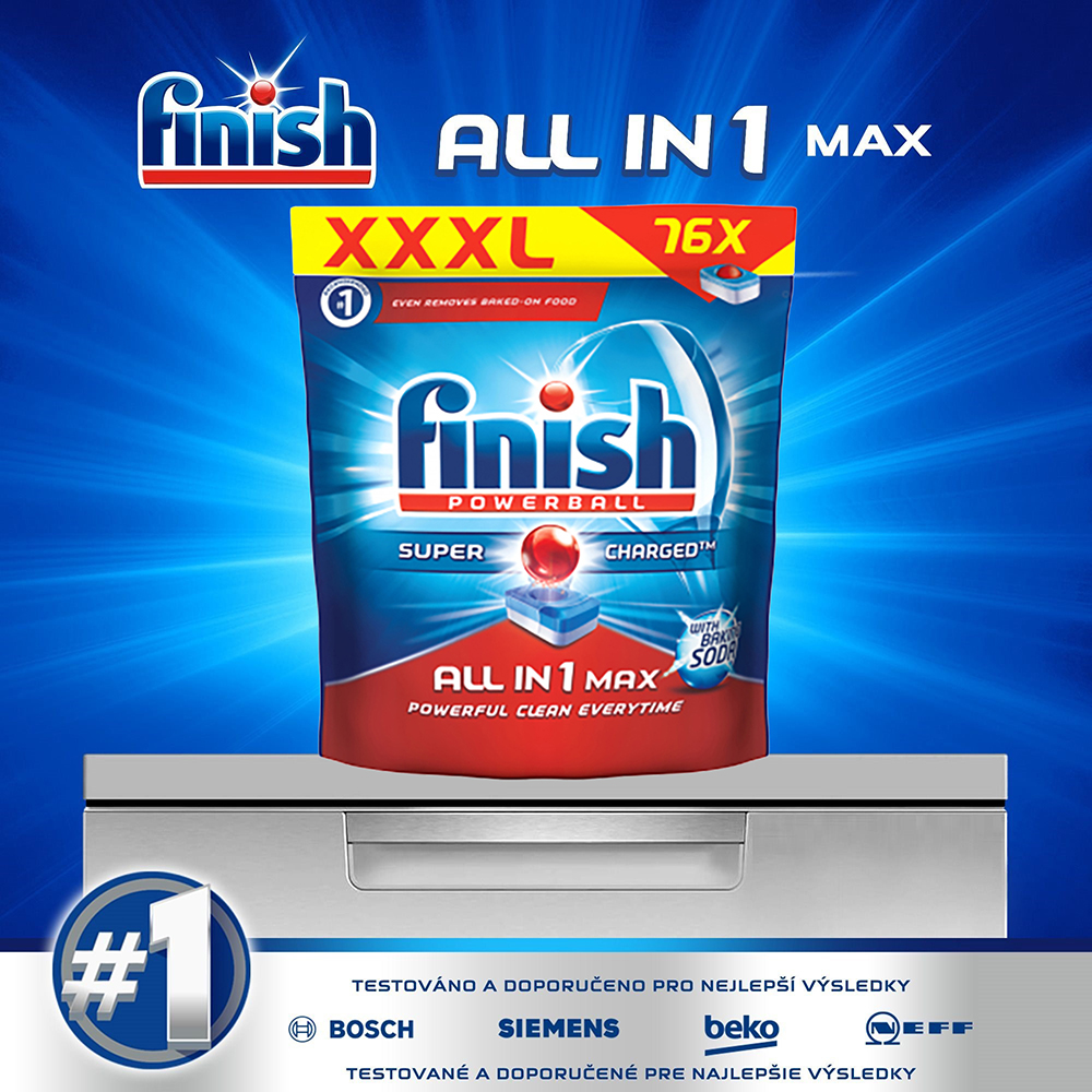 Túi 76 viên rửa chén Finish All In 1 Max Dishwasher Tablets Baking Soda QT04590