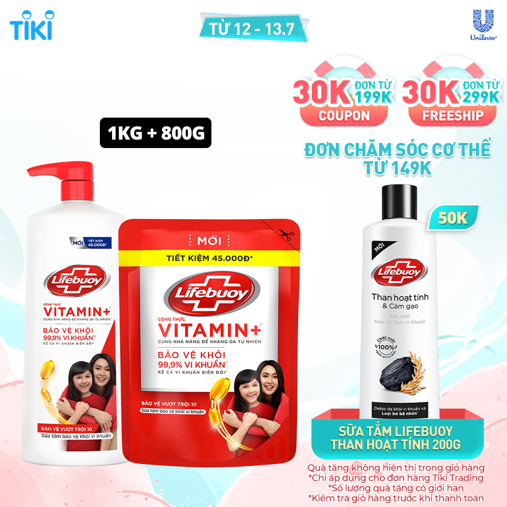 Combo Sữa Tắm Lifebuoy Sạch Khuẩn Bảo Vệ Khỏi 99.9% Vi Khuẩn Chứa Ion Bạc+ Hỗ Trợ Cùng Đề Kháng Da Tự Nhiên Chai 1KG + Túi 800G