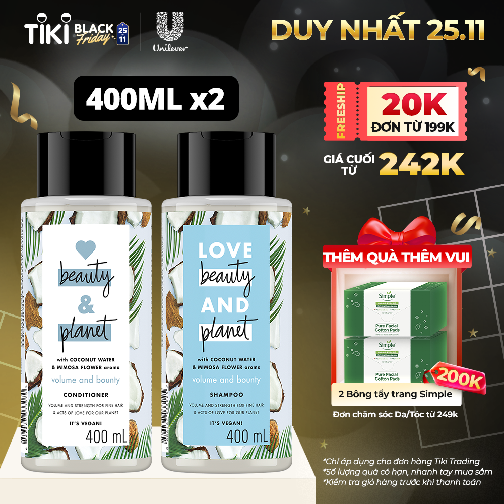 Combo Dầu gội và Dầu xả LOVE BEAUTY &amp; PLANET Phục hồi hư tổn với 100% dầu dừa organic và hương hoa ngọc lan tây 400ml