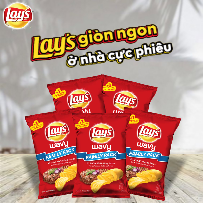 Combo 5 Bánh Snack Khoai Tây Lay's vị Thăn Bò Nướng Texas 150g Cho Cả Nhà - Family Pack Siêu Tiết Kiệm