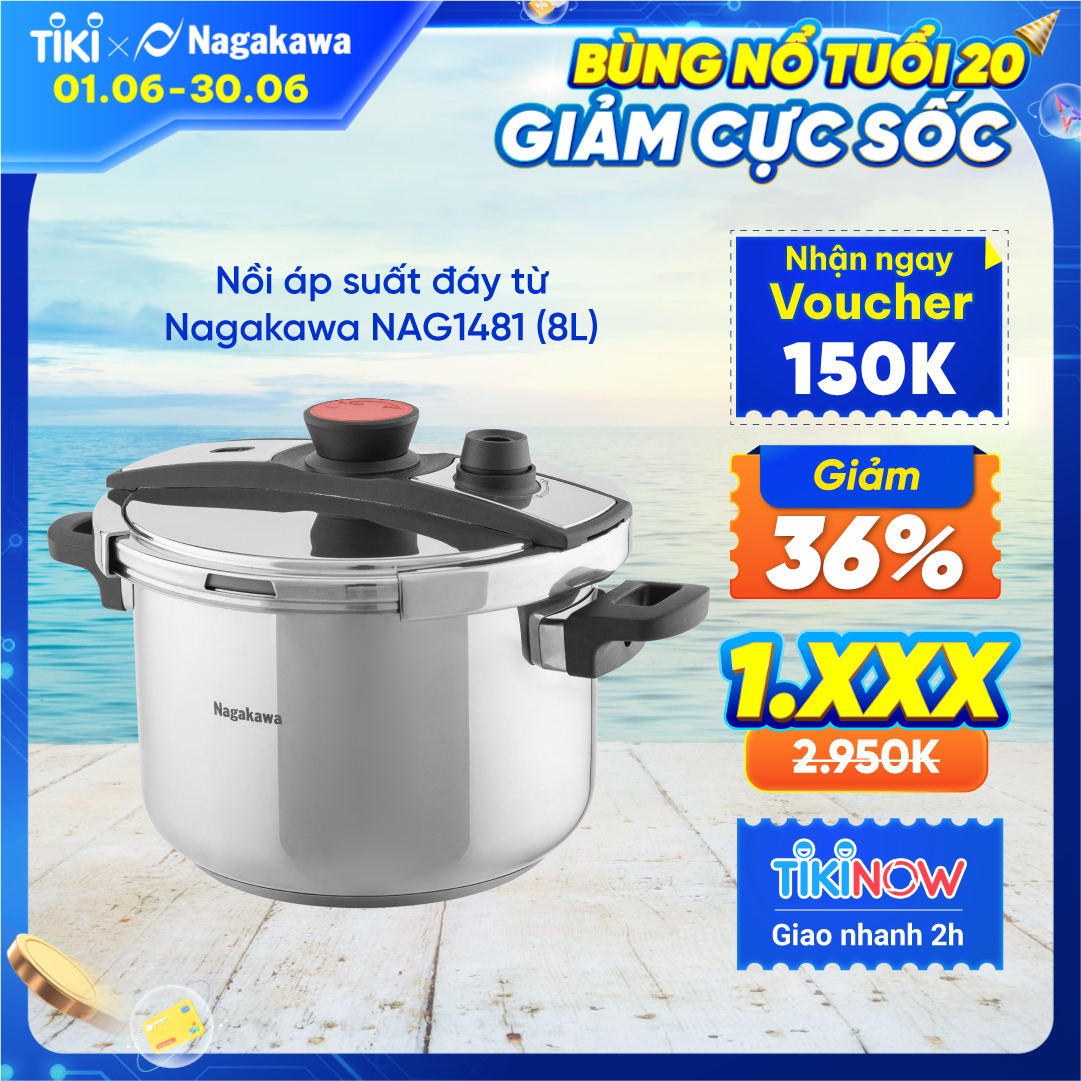 Nồi Áp Suất Đáy Từ Nagakawa NAG1481 (8L) - Lòng Nồi Inox 304, Van Kép 3 Cấp An Toàn