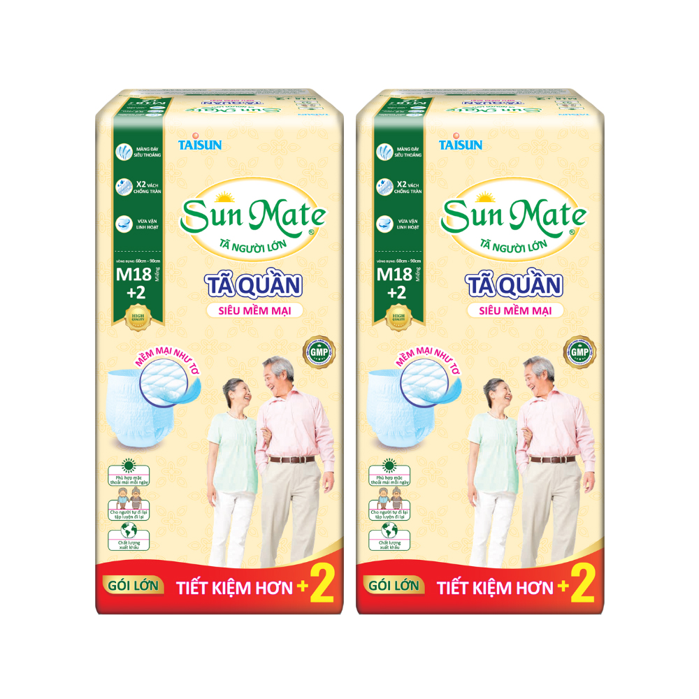 Combo 2 Tã quần người lớn SunMate Siêu Mềm Mại M18+2, L16+2, XL14+2