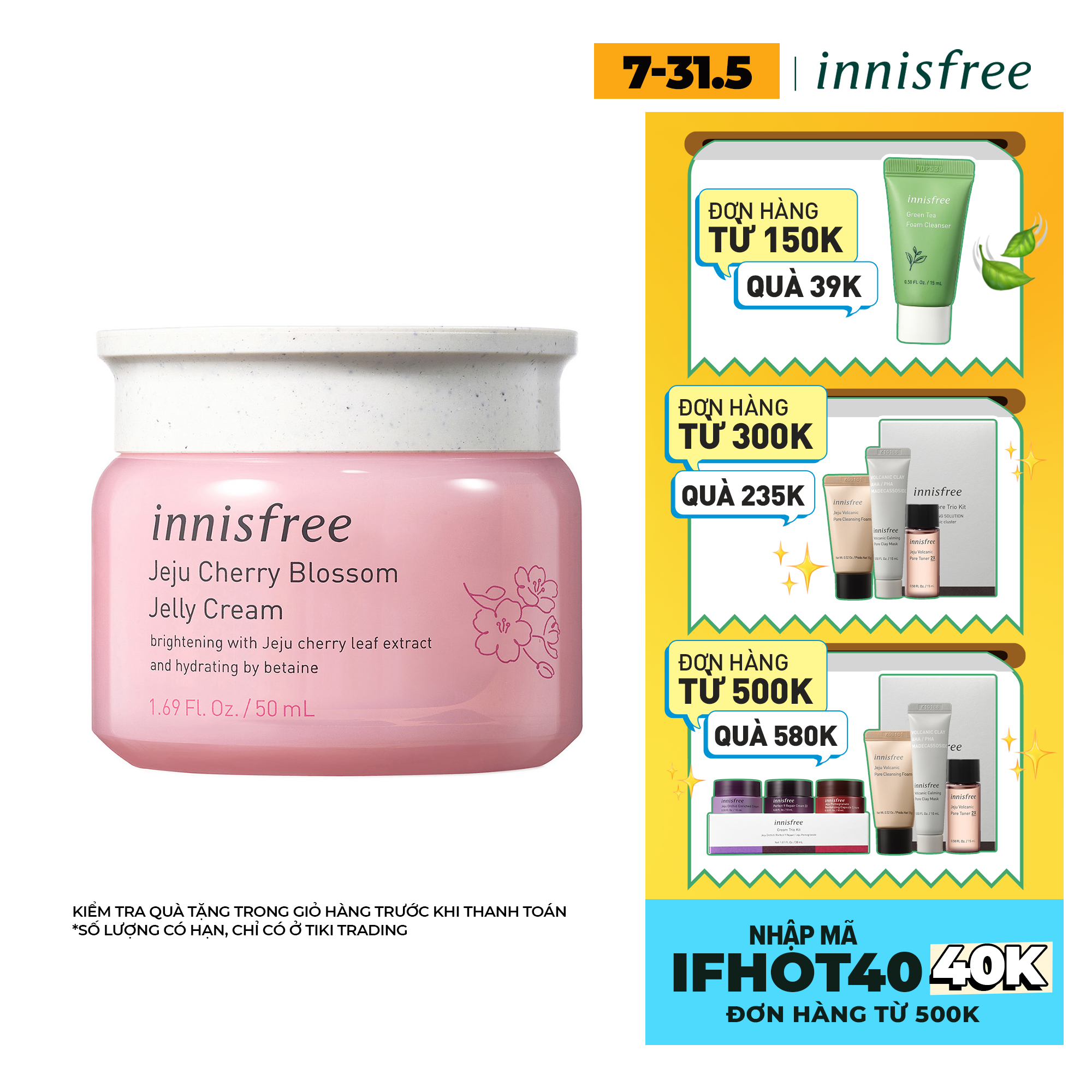 Gel Dưỡng Ẩm Sáng Da Từ Hoa Anh Đào Đảo Jeju Innisfree Cherry Blossom Jelly Cream 50Ml - 131171020