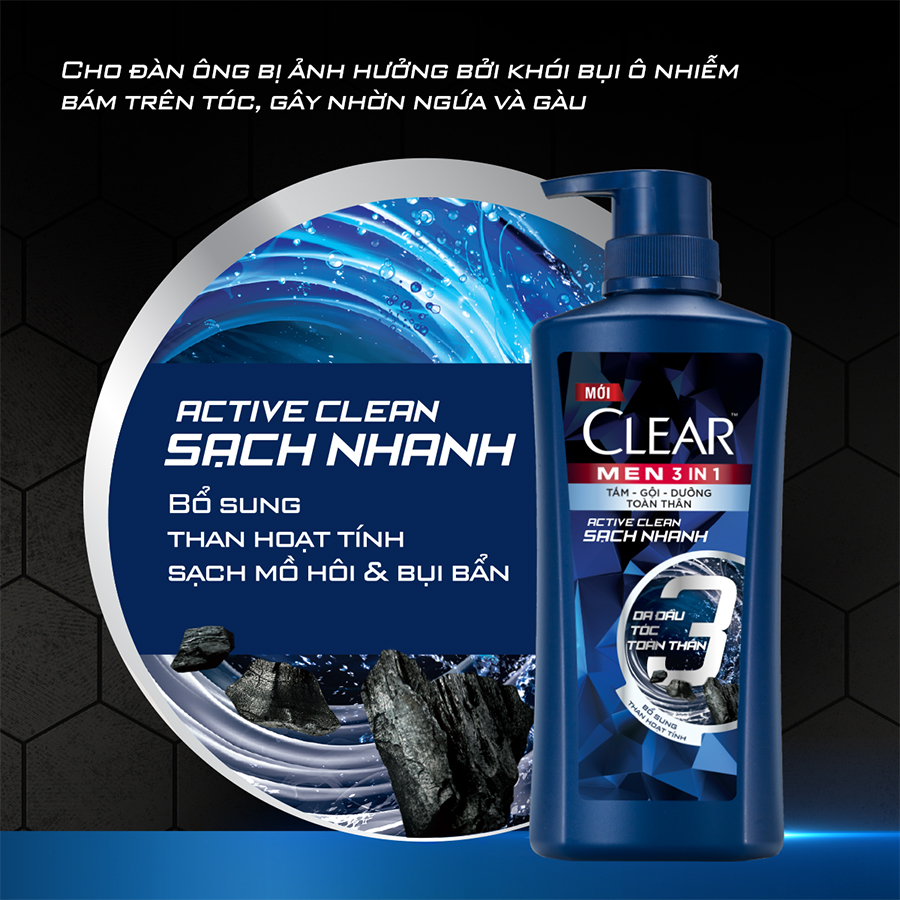 Dầu Tắm - Gội - Dưỡng Sạch Sâu 3 Trong 1 Cho Nam Clear Men Active Clean Sạch Nhanh Bổ Sung Tinh Thể Bạc Hà Mát Lạnh 630g