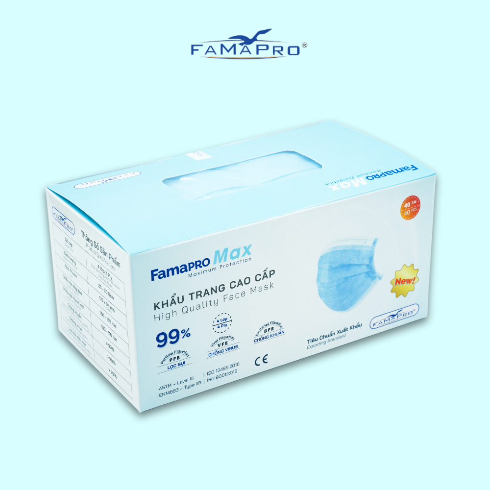 [HỘP - FAMAPRO MAX] - Khẩu trang y tế kháng khuẩn 4 lớp Famapro Max (40 cái/ hộp) - COMBO 5 HỘP