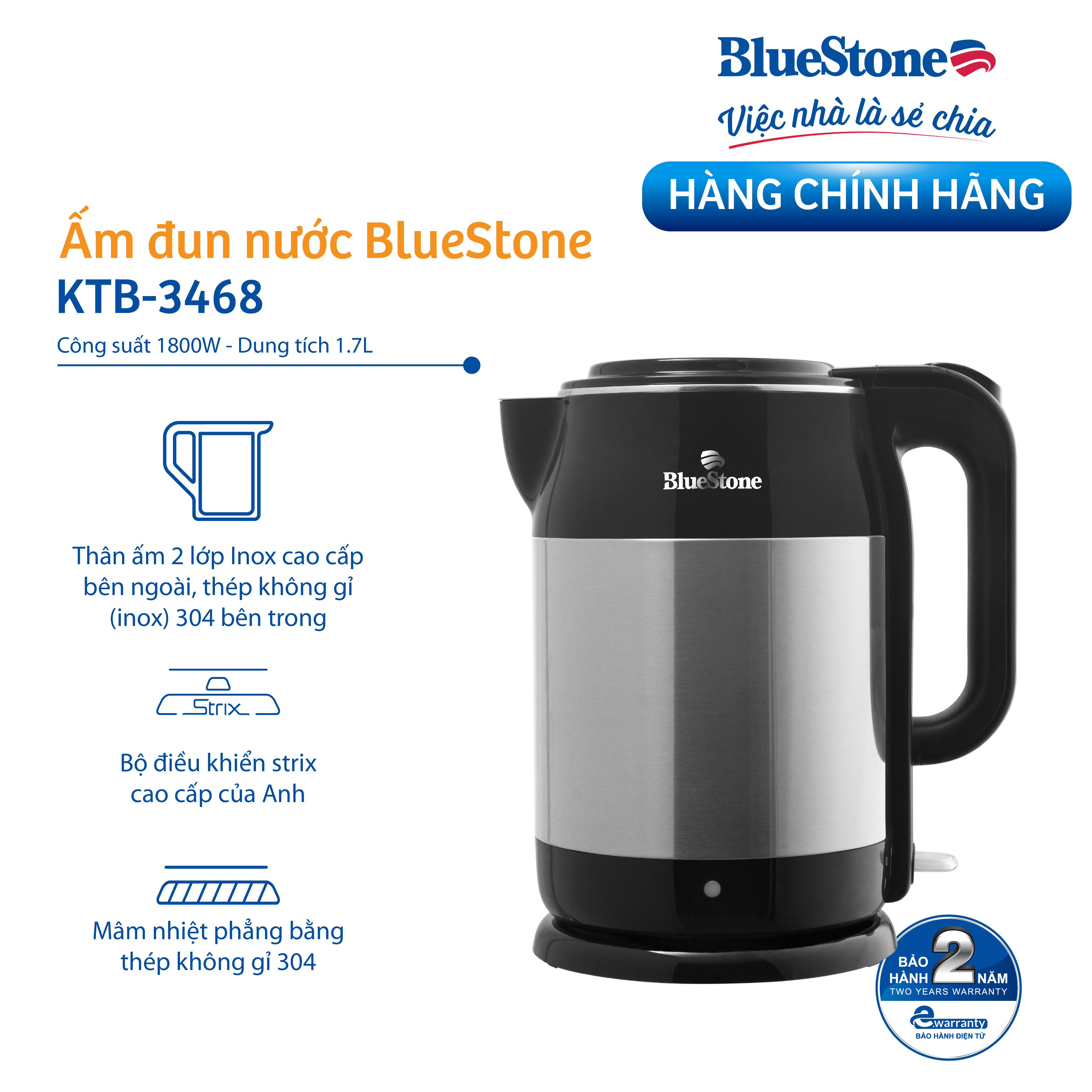 Bình Đun Siêu Tốc Bluestone KTB-3468 (1.7 Lít) - Hàng chính hãng