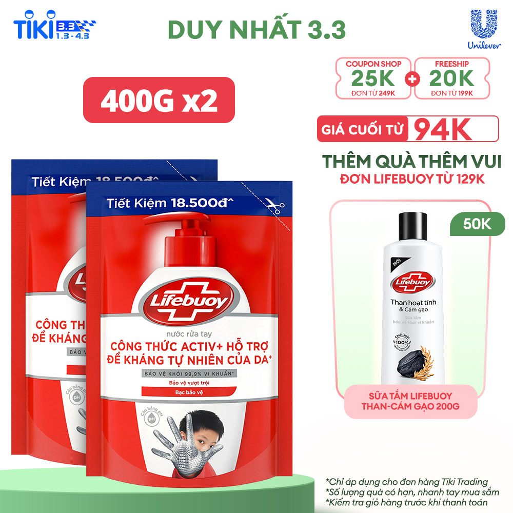 Combo 2 Nước rửa tay Lifebuoy bạc bảo vệ túi 400g