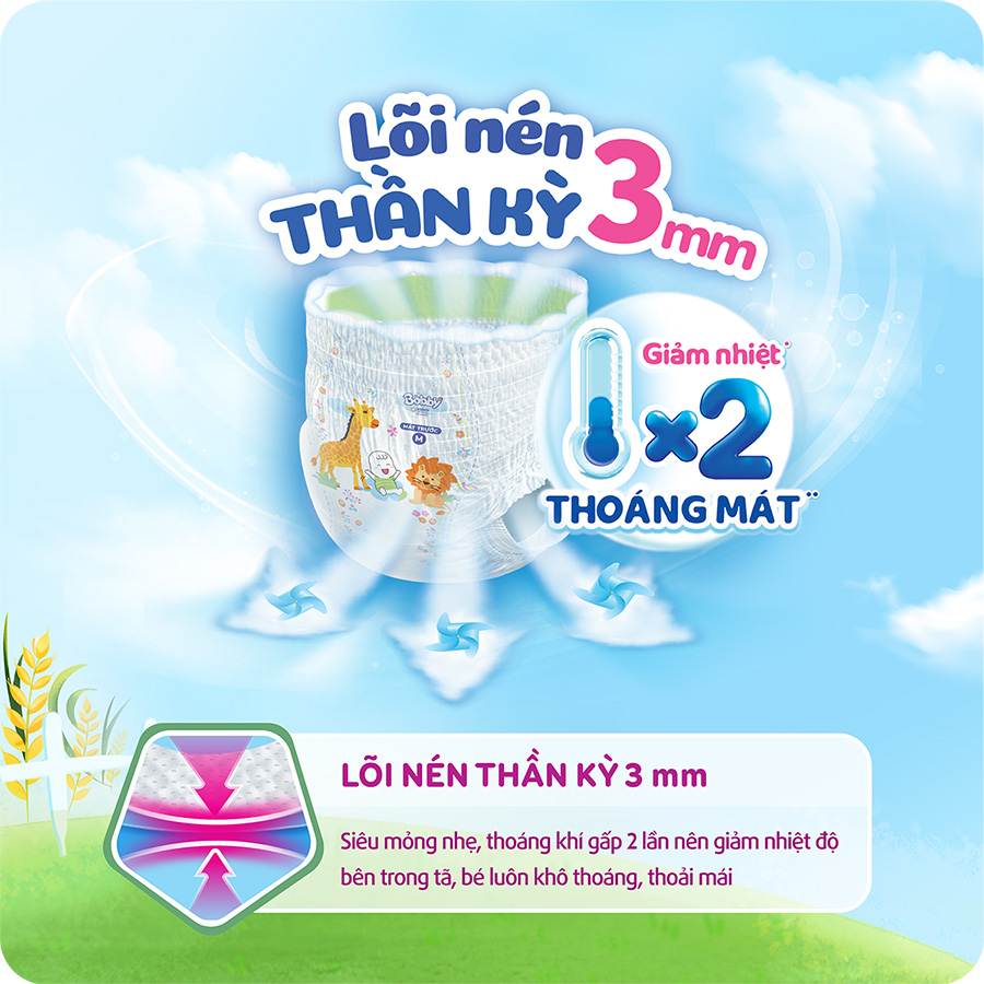 Tã/bỉm quần Bobby Lõi nén thần kỳ 3mm Mega Jumbo Gạo Non M112/L96/XL84/XXL76