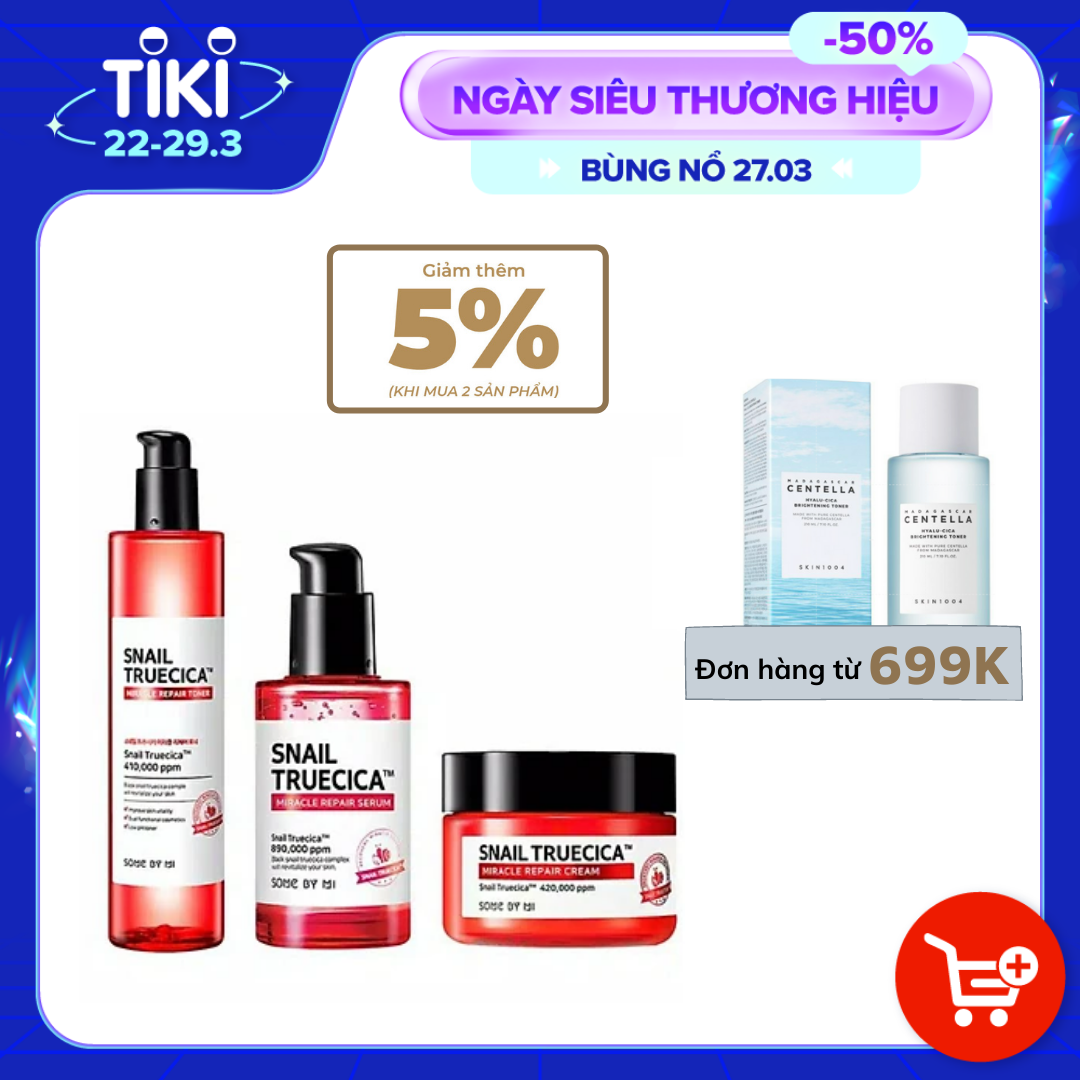 Bộ 3 Sản Phẩm Dưỡng Da, Cải Thiện Sẹo Lõm Some By Mi Snail Truecica Miracle Repair Gồm Toner Snail 135ml + Serum Snail 50ml + Kem dưỡng Snail 60g