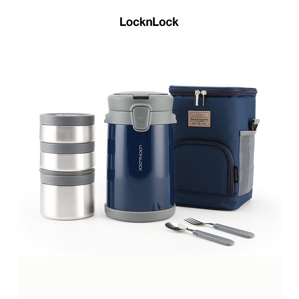 Bộ Hộp Cơm Giữ Nhiệt Lock&Lock Easy Carry 2L LHC8039 Có Túi (1 Hộp 720ml, 2 Hộp 420ml Kèm 1 Bộ Muỗng Và Nĩa)