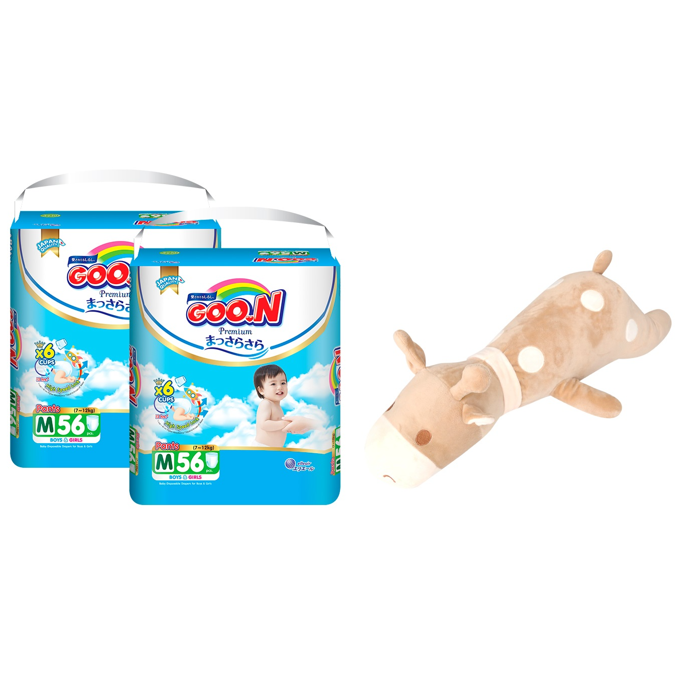 Combo 2 bịch tã quần Goo.N Premium gói cực đại size M56 (56 miếng) + Tặng 1 thú bông con hươu