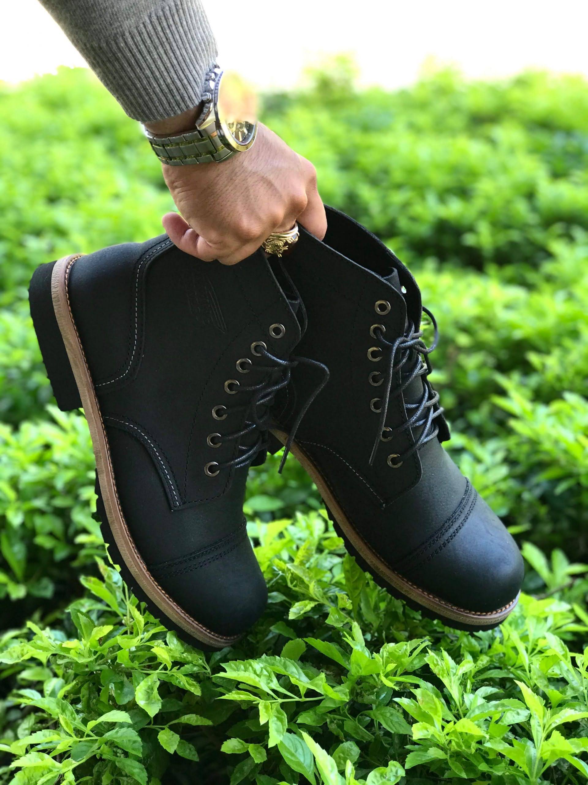 Giày Boot Nam Cao Cổ Buộc Dây Da Bò Thật Nguyên Tấm HN678Black - (Tặng Xi/Vớ/Lót Giày)