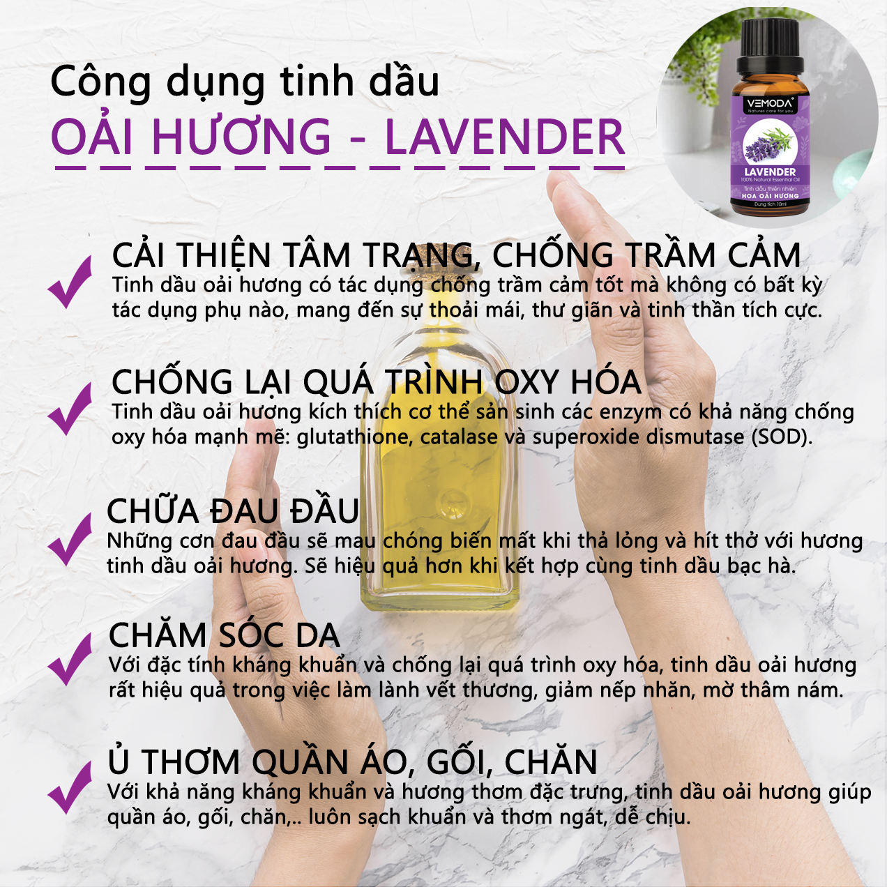 Tinh dầu thơm phòng cao cấp gồm 3 chai tinh dầu nguyên chất Vemoda: tinh dầu Oải hương Ấn + ttinh dầu Sả chanh Ấn + tinh dầu Bạc hà Ấn