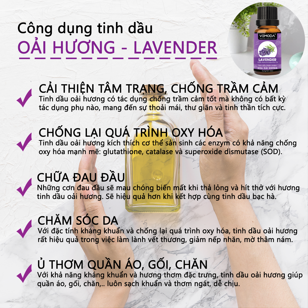 Tinh dầu thơm phòng cao cấp gồm 3 chai tinh dầu nguyên chất Vemoda: tinh dầu Oải hương Ấn (10ml) + ttinh dầu Sả chanh Ấn (10ml) + tinh dầu Bạc hà Ấn (10ml)