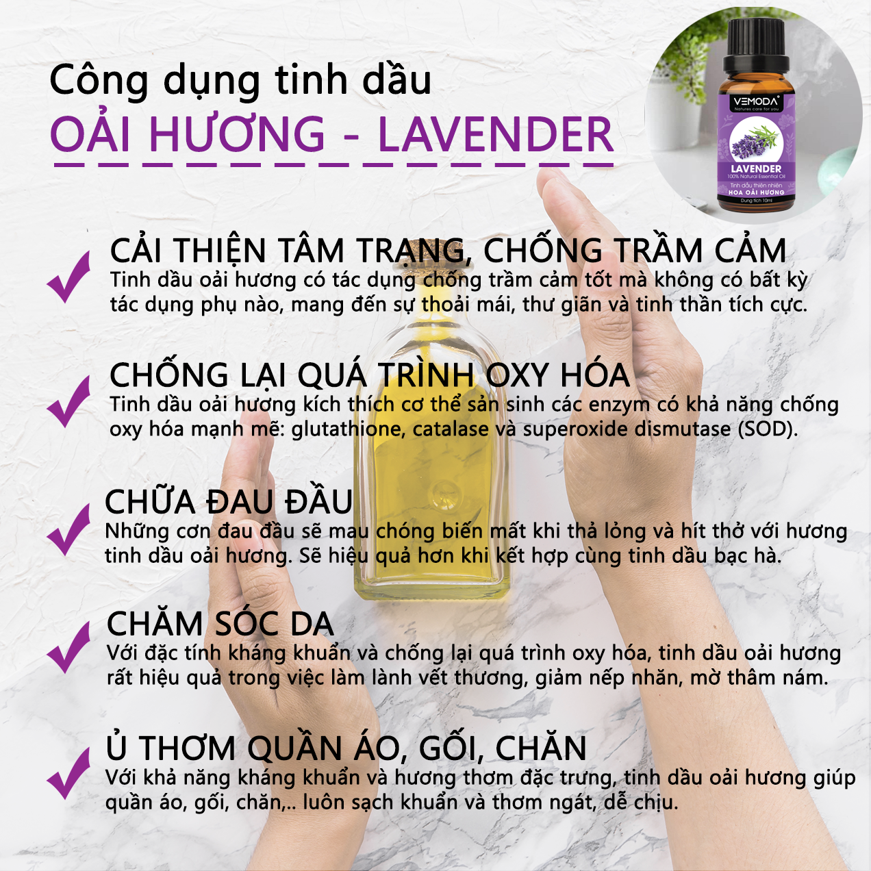 Tinh dầu Oải hương cao cấp. Lavender Essential Oil 10ml. Tinh dầu xông phòng giúp thư giãn, giảm căng thẳng, khử mùi, nâng cao chất lượng giấc ngủ. Tinh dầu thơm phòng cao cấp Vemoda