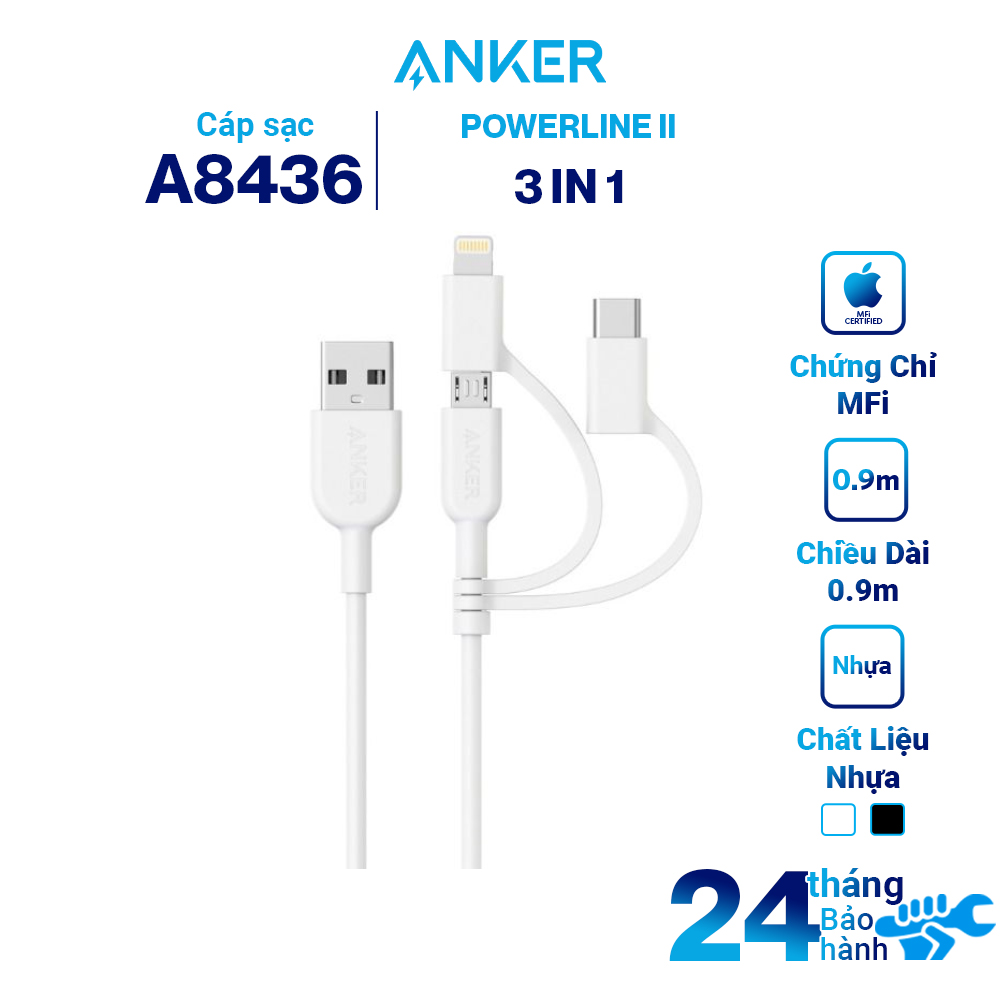 Dây Cáp Sạc 3 Trong 1 MicroUSB / USB Type-C / Lightning Chuẩn MFI Anker Powerline II 0.9m - A8436 - Hàng Chính Hãng