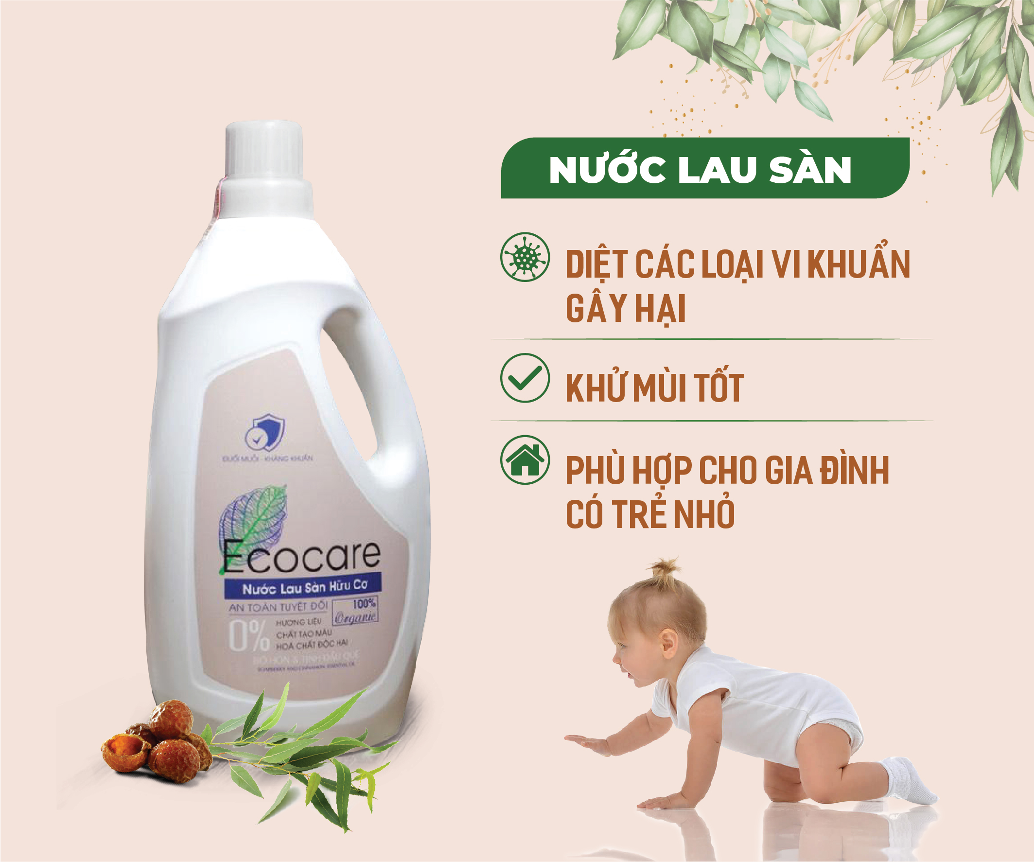 Nước lau sàn hữu cơ Bồ hòn Ecocare tinh dầu Quế 1000ml 