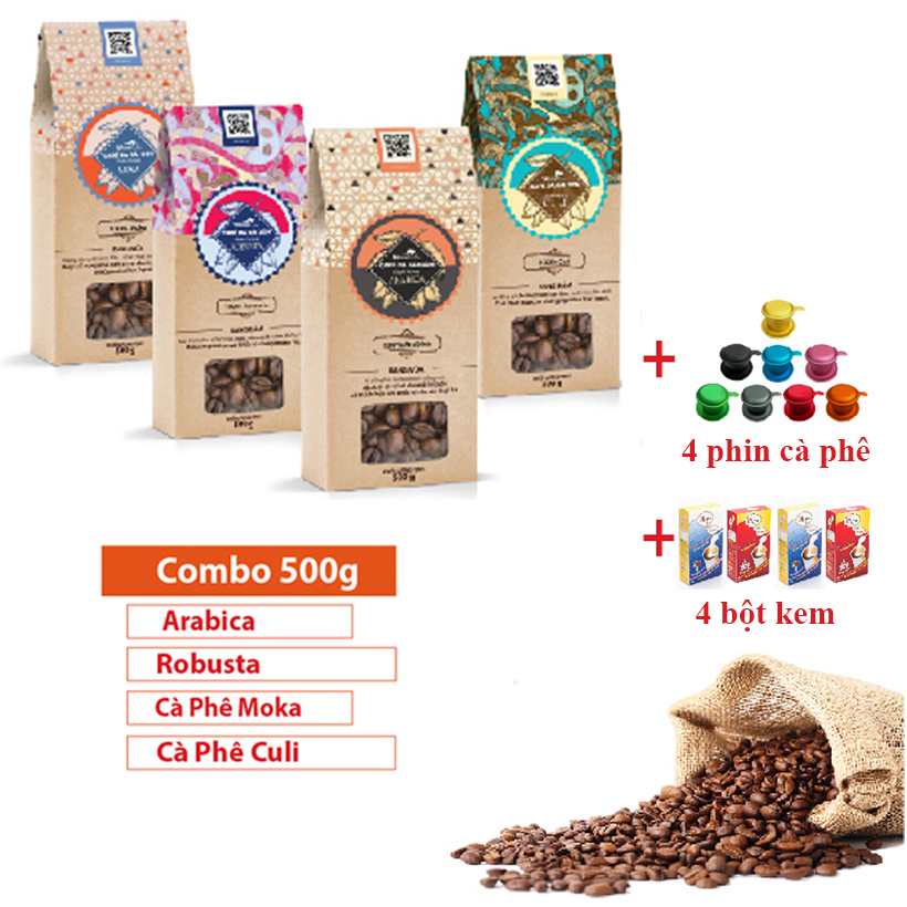 Combo: Cà phê hạt rang (4 hộp x 500g) + 4 Bột kem pha cà phê (4 hộp  x 170g)