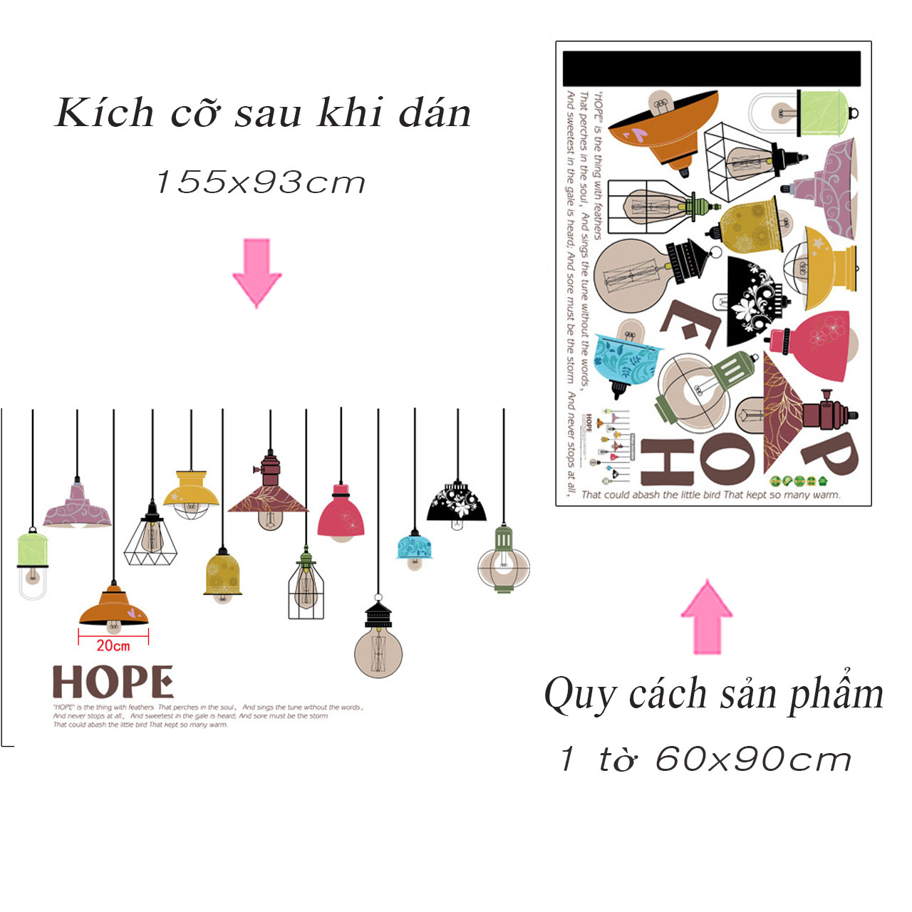 Decal dán tường trang trí quán cafe, phòng khách- Dây đèn treo chữ hope- mã sp SK9144