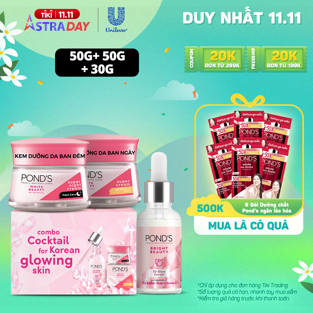 Combo Serum Dưỡng Sáng Mờ Thâm 3D Glow và Kem Dưỡng Ẩm Ngày Đêm Pond's Bright Beauty 30G &amp; 45G x2