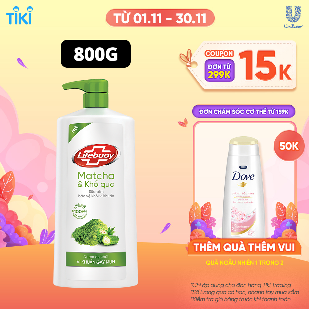 Sữa Tắm Lifebuoy Detox Và Sạch Sâu Khỏi Bụi Mịn Pm2.5 Detox Bảo Vệ Khỏi Vi Khuẩn Gây Mụn Cơ Thể Matcha &amp; Khổ Qua Chai 800G