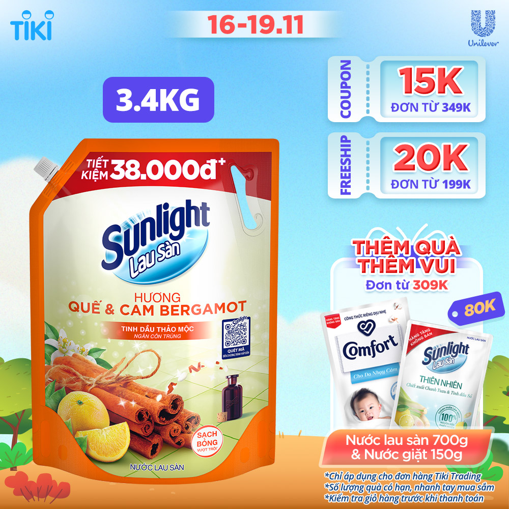 Nước lau sàn Sunlight Tinh dầu thảo mộc Ngăn côn trùng Hương Quế &amp; Cam Bergamot túi 3.4kg