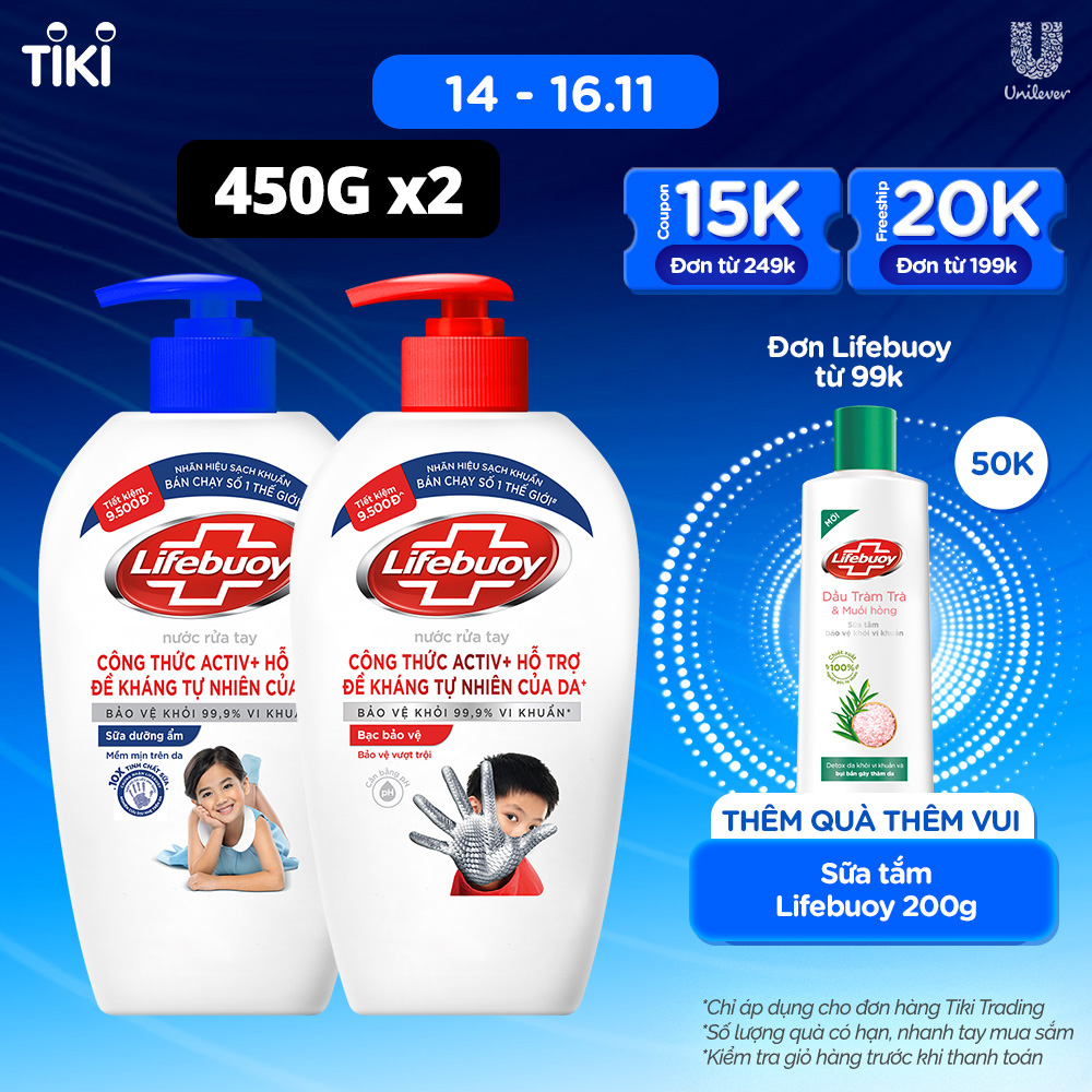 Combo 2 Nước rửa tay sạch khuẩn Lifebuoy Bạc Bảo Vệ và Sữa Dưỡng Ẩm Chai 450G