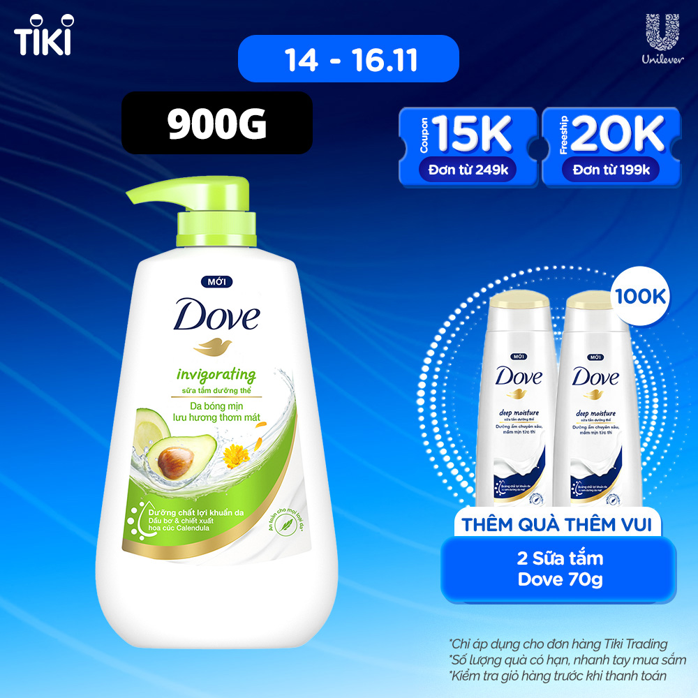 Sữa tắm dưỡng thể Dove Invigorating Da bóng mịn thơm mát với dầu bơ và hoa cúc Calendular 900g