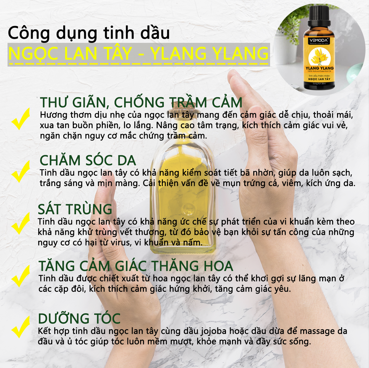 Tinh dầu Ngọc lan tây cao cấp. Ylang ylang Essential Oil. Tinh dầu xông phòng giúp thư giãn, chống trầm cảm, khử mùi, khử khuẩn, chăm sóc da. Tinh dầu thơm phòng cao cấp Vemoda