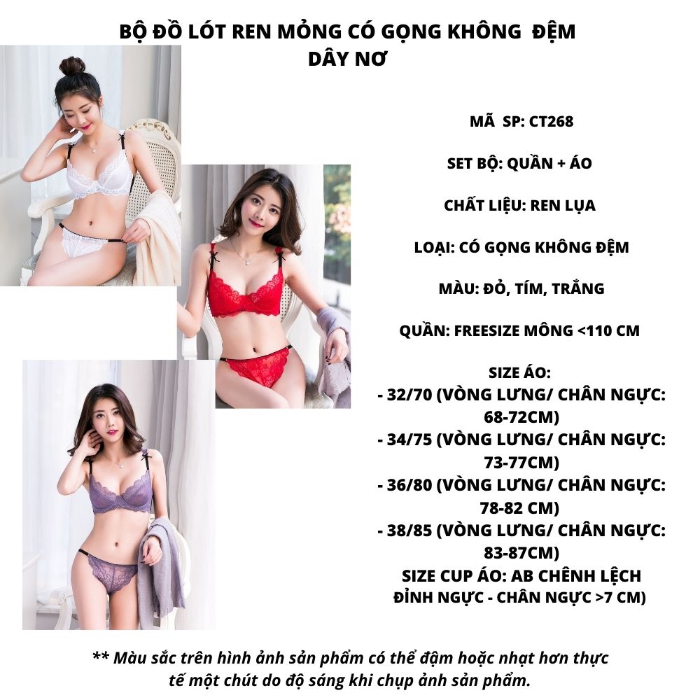 Bộ đồ lót ren mỏng có gọng không đệm dây nơ