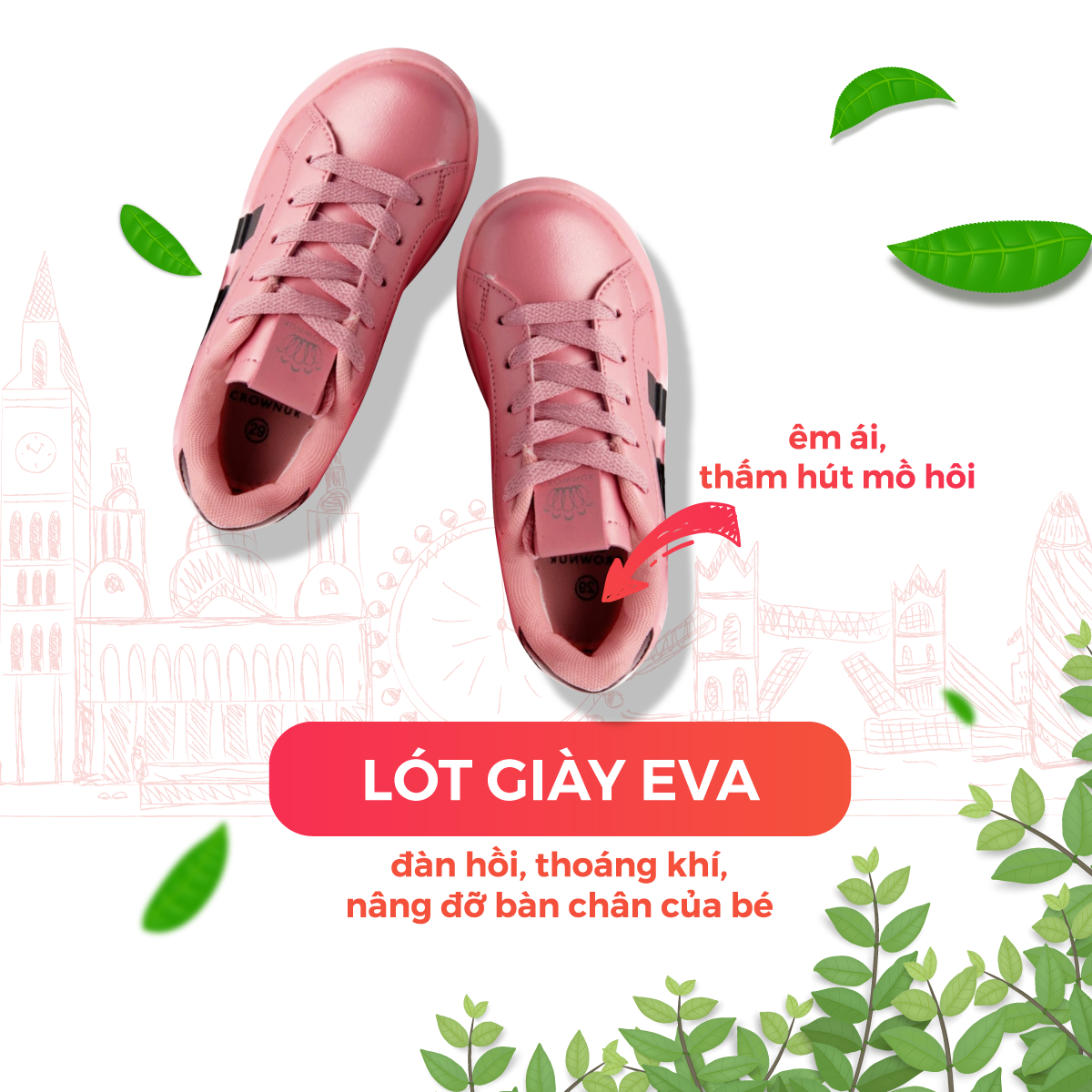 Giày Sneaker Bé Trai Bé Gái Cổ Thấp CrownUK Active Trẻ em Cao Cấp CRUK215 Nhẹ Êm Size 28-36/2-14 Tuổi Màu Trắng Đen Hồng